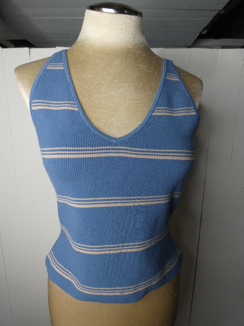 Babaton Women's XL Double Vneck Tank Top Cropped Blue Tan Stripes Stretch